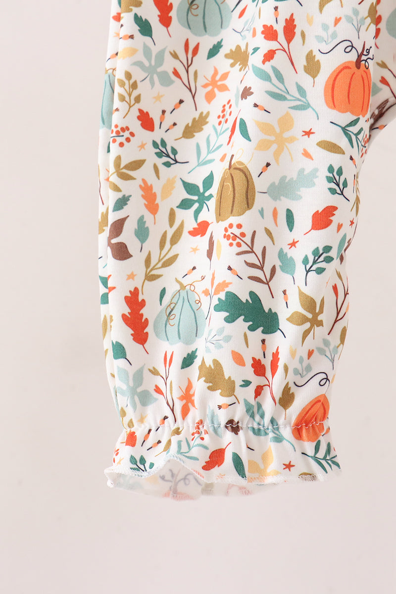 Fall pumpkin embroidery leaves romper