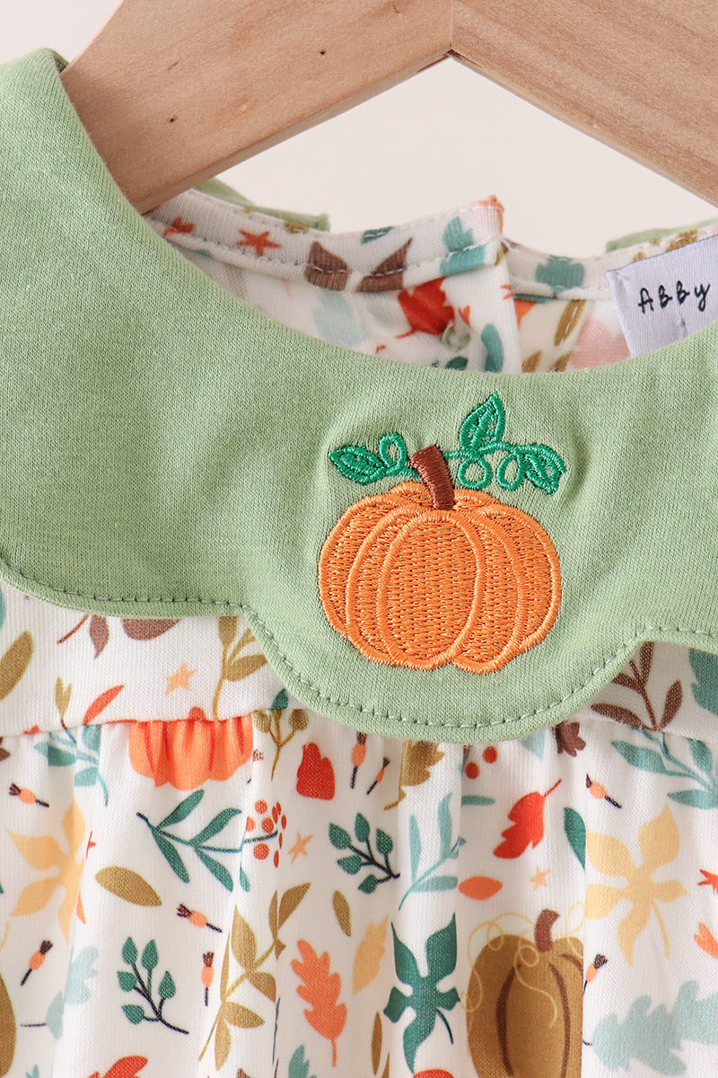 Fall pumpkin embroidery leaves romper