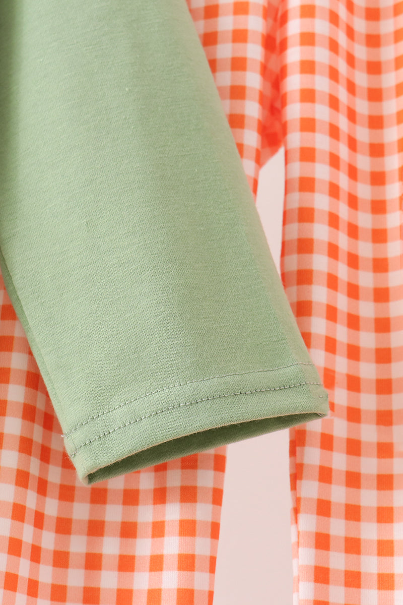 Sage pumpkin embroidery gingham pants set