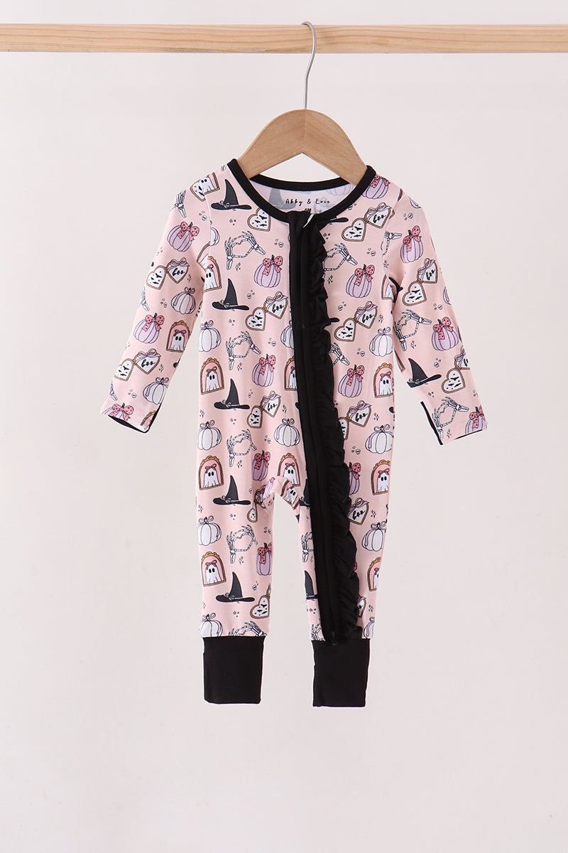 Pink Spooky embroidery bamboo ruffle romper