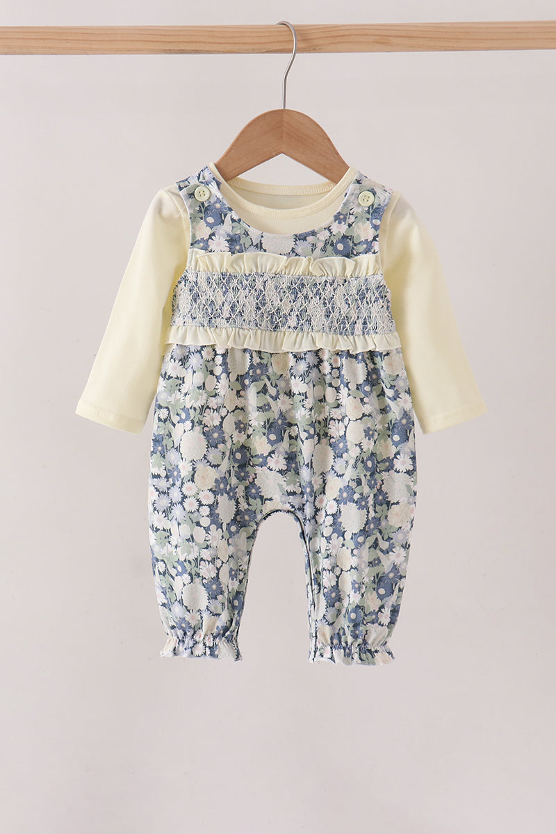 Vintage Floral Smocked Ruffle Romper Set