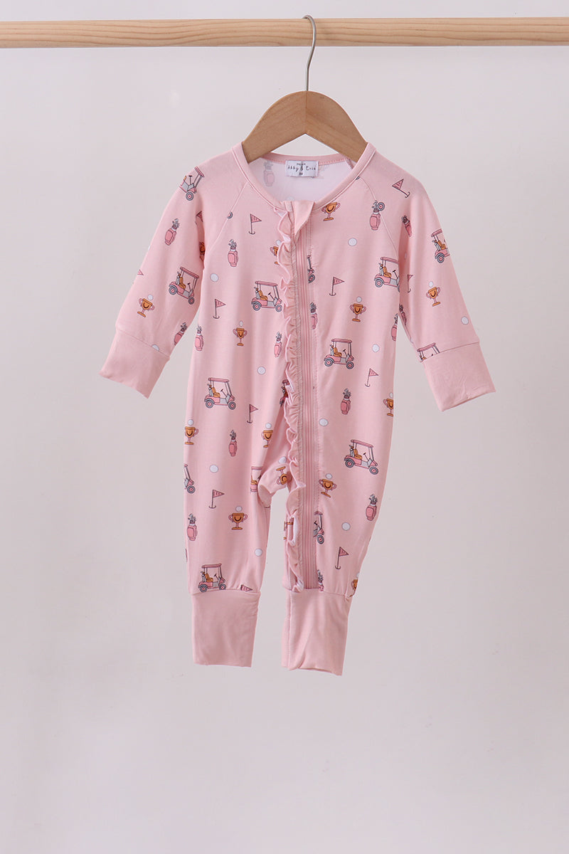 Pink golf cart print bamboo romper