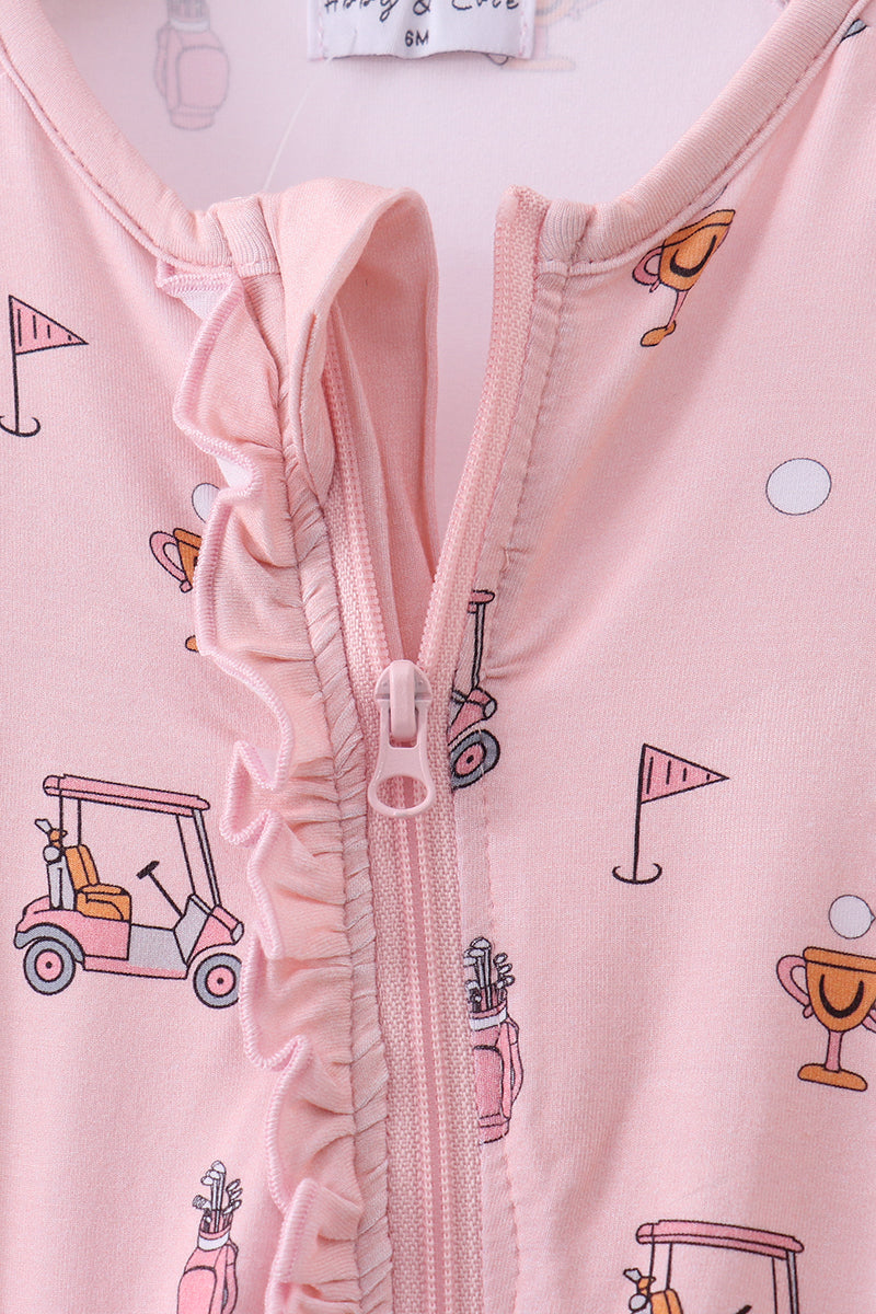 Pink golf cart print bamboo romper