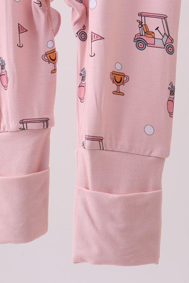 Pink golf cart print bamboo romper