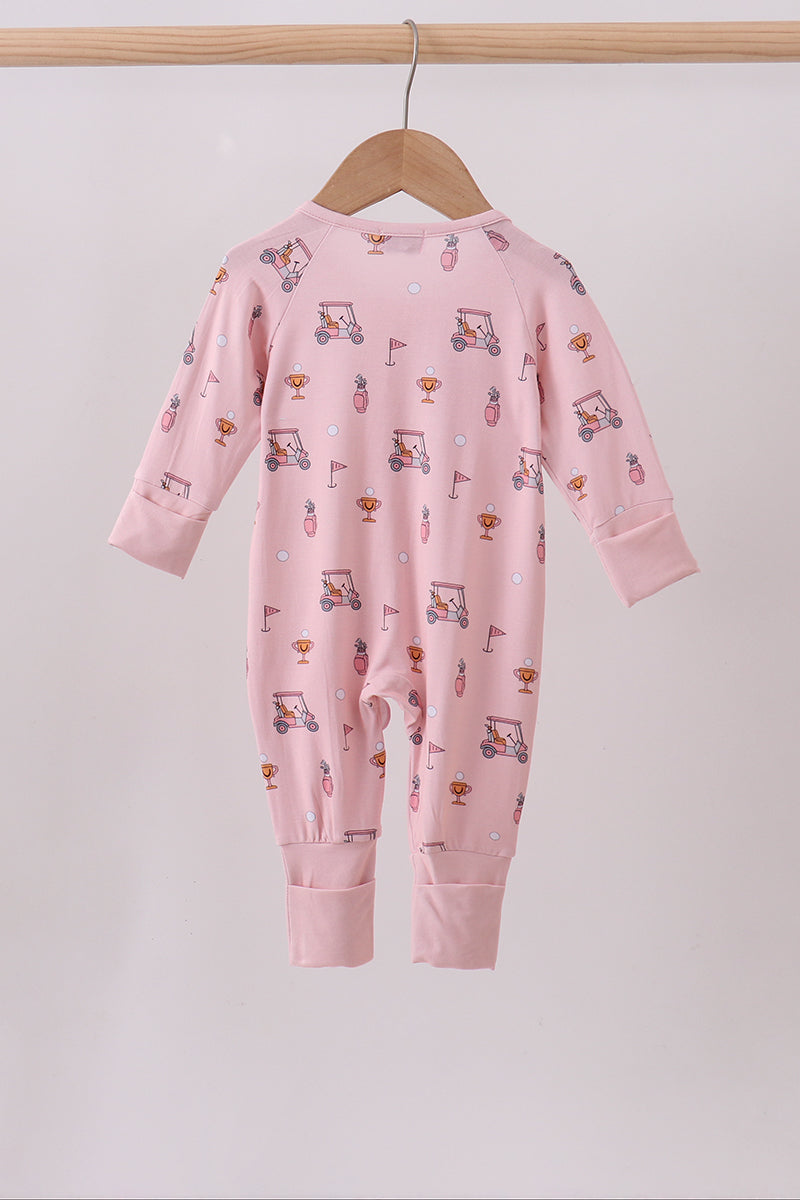 Pink golf cart print bamboo romper