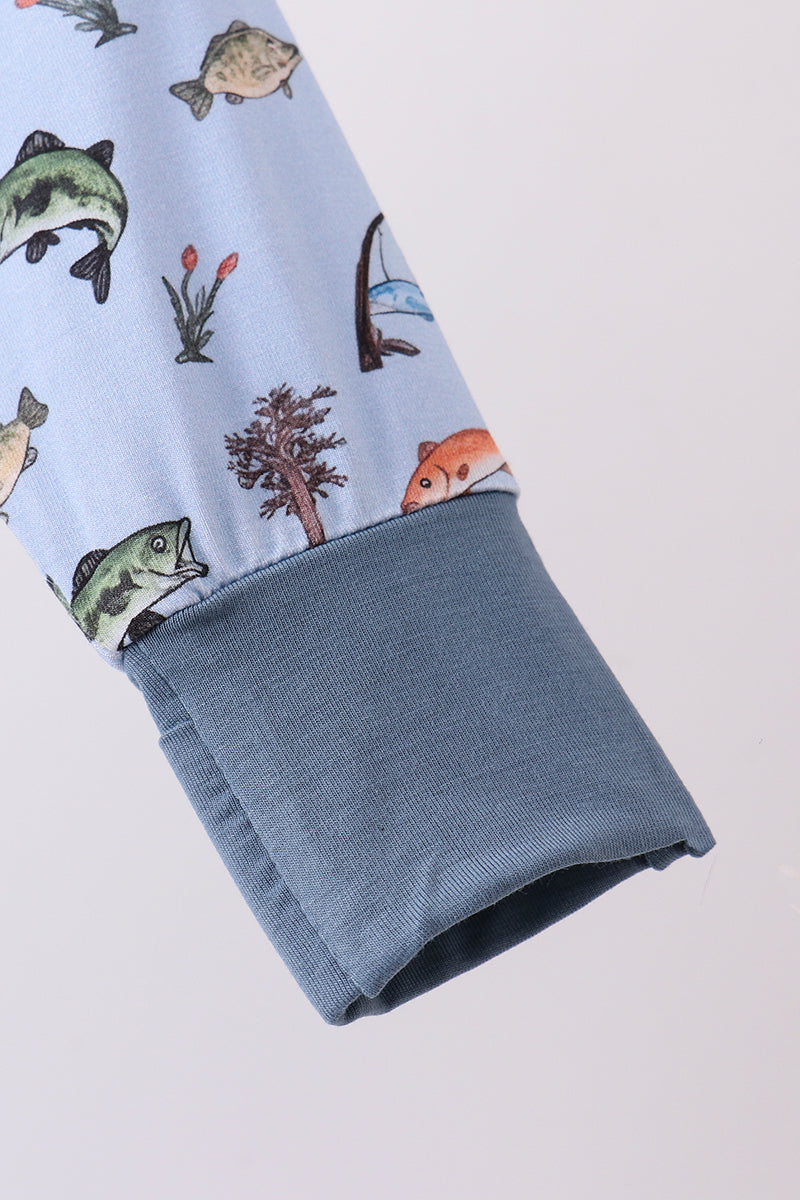 Green fish print bamboo romper