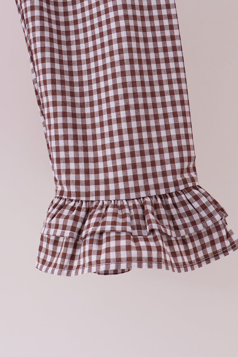 Pink turkey embroidery ruffle gingham pants set