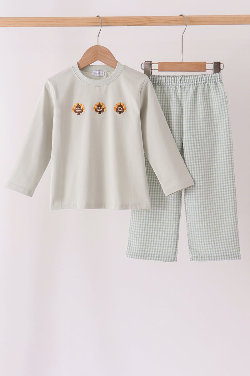 Green turkey embroidery gingham pants set