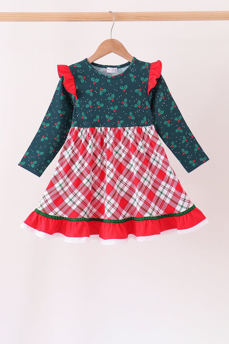 Forest holly plaid ruffle dress