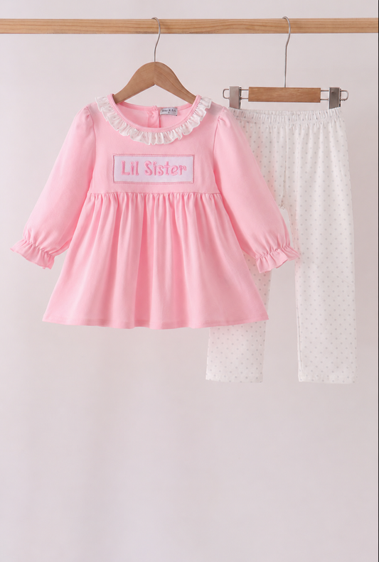 Pink Lil sister embroidery ruffle pants set